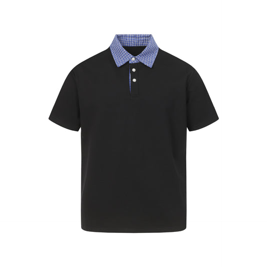 minimalist faux two-piece checkered collar polo shirt , summer casual versatile short sleeve top