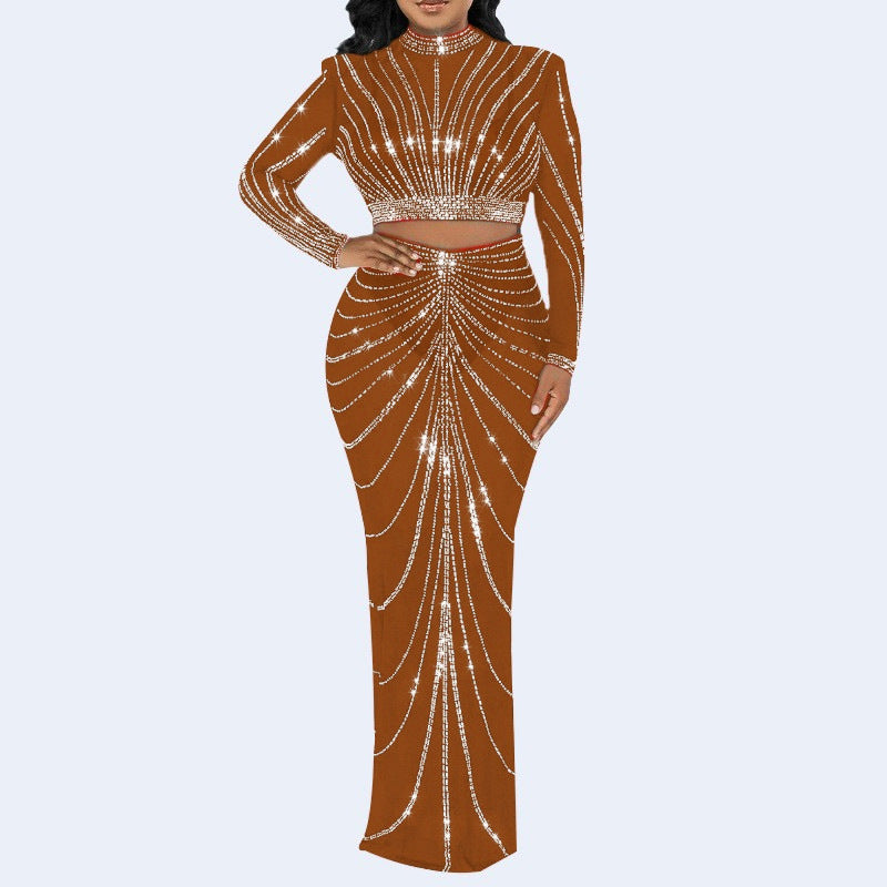 Women's Long Sleeve Dress Set with Mesh and Rhinestone
