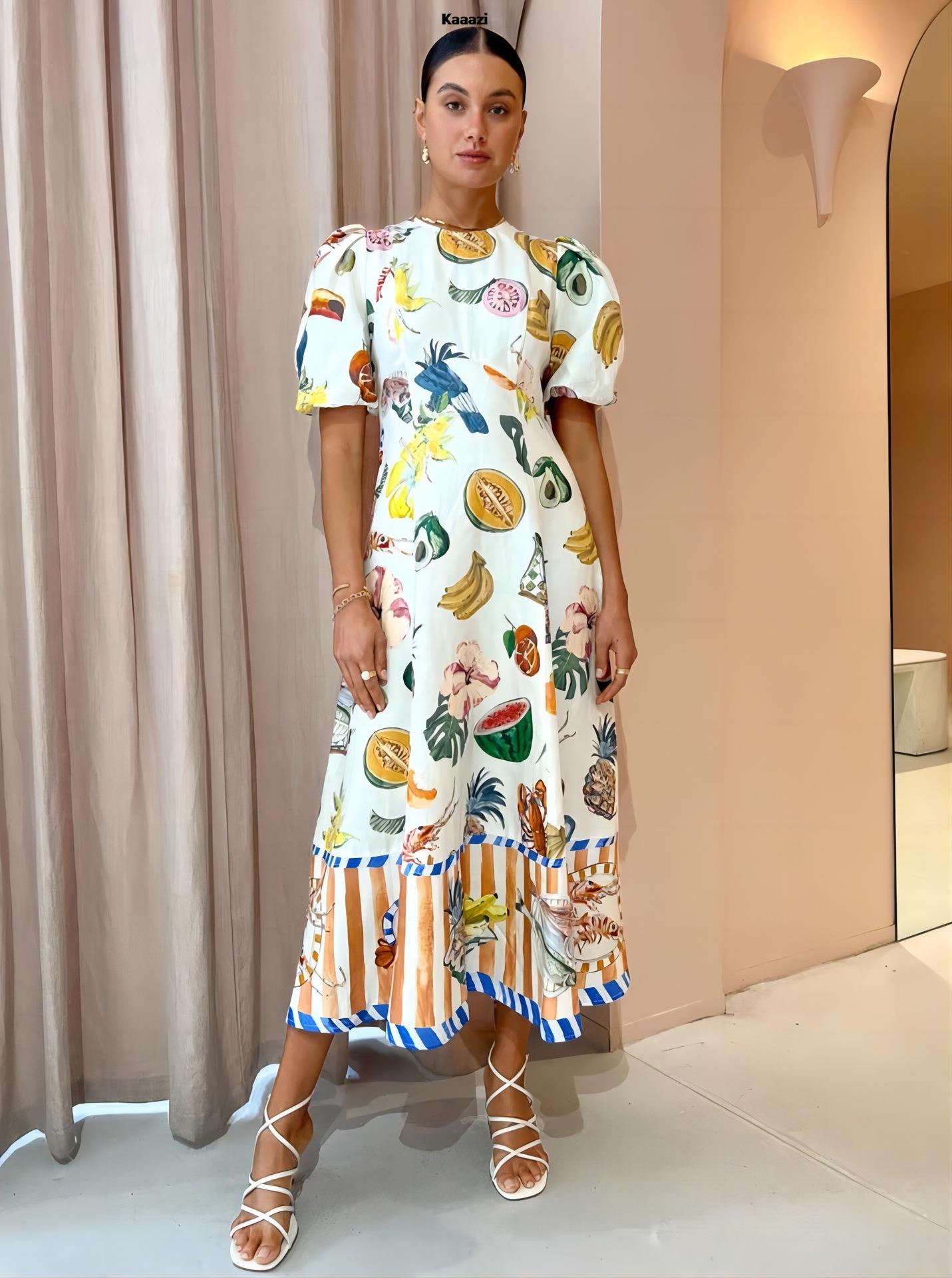 Short Sleeve Fashion Vintage Print Maxi Dress Casual Summer Round Neck Puff Sleeve Loose Women Long Dress Slim Fit Elegant Robe
