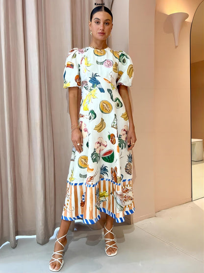 Short Sleeve Fashion Vintage Print Maxi Dress Casual Summer Round Neck Puff Sleeve Loose Women Long Dress Slim Fit Elegant Robe