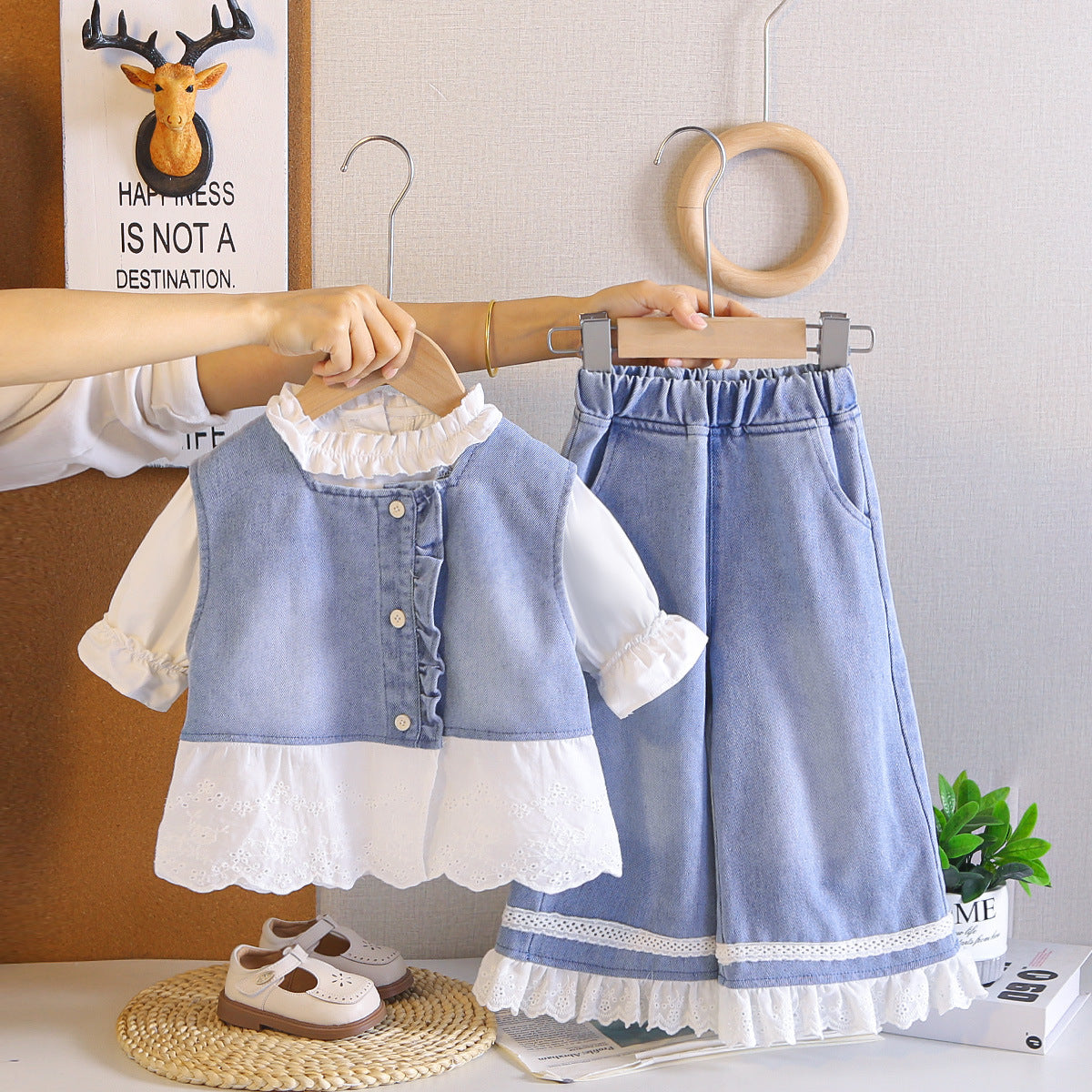 Cowboy skirt long sleeved three piece set baby and children's clothing