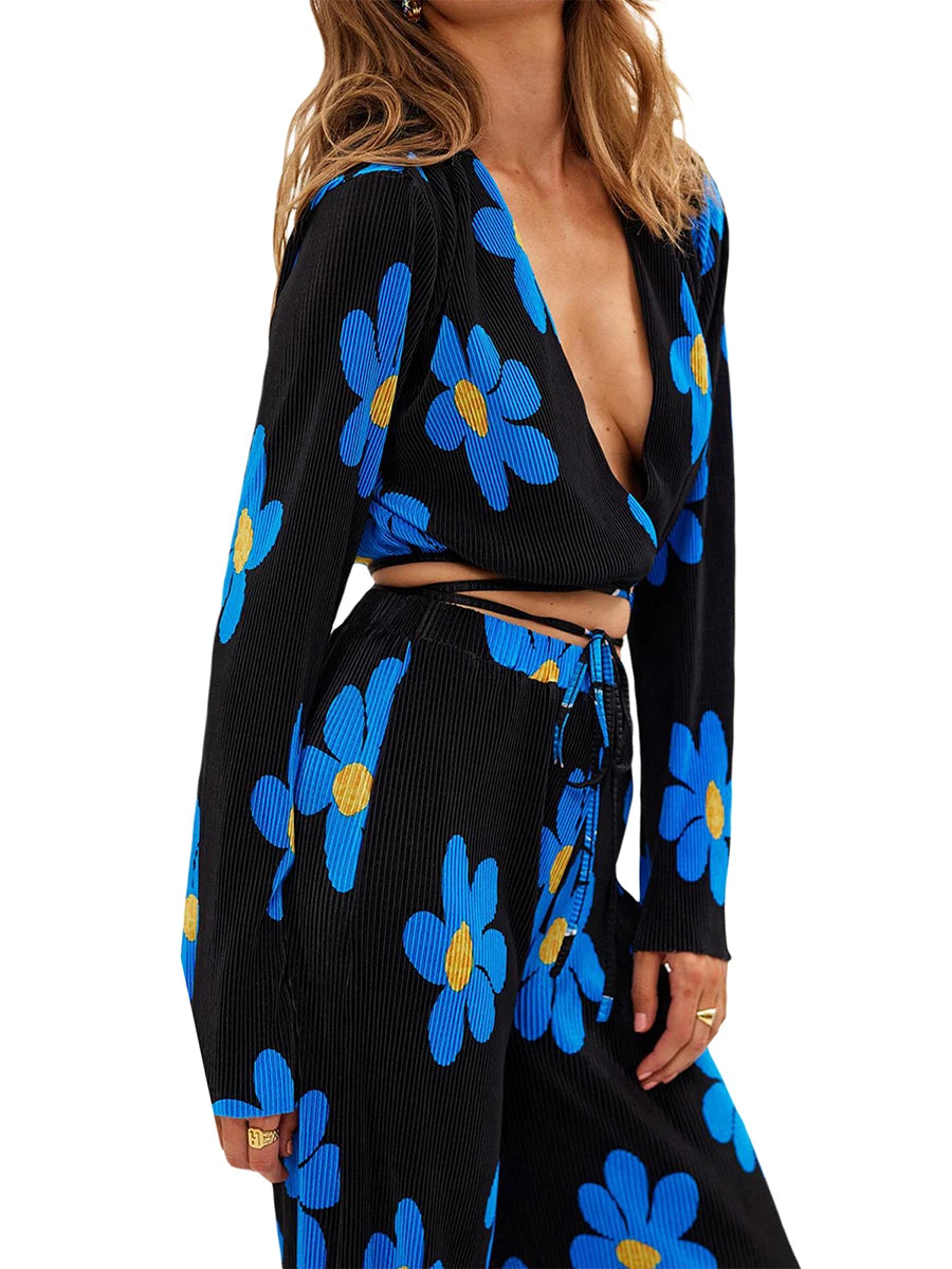 Floral Print Two-Piece Pants Suits Spring Summer Casual Women Pleated Sets Long Sleeve Tie Up Crop Tops+Loose Pants