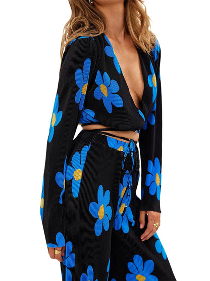 Floral Print Two-Piece Pants Suits Spring Summer Casual Women Pleated Sets Long Sleeve Tie Up Crop Tops+Loose Pants