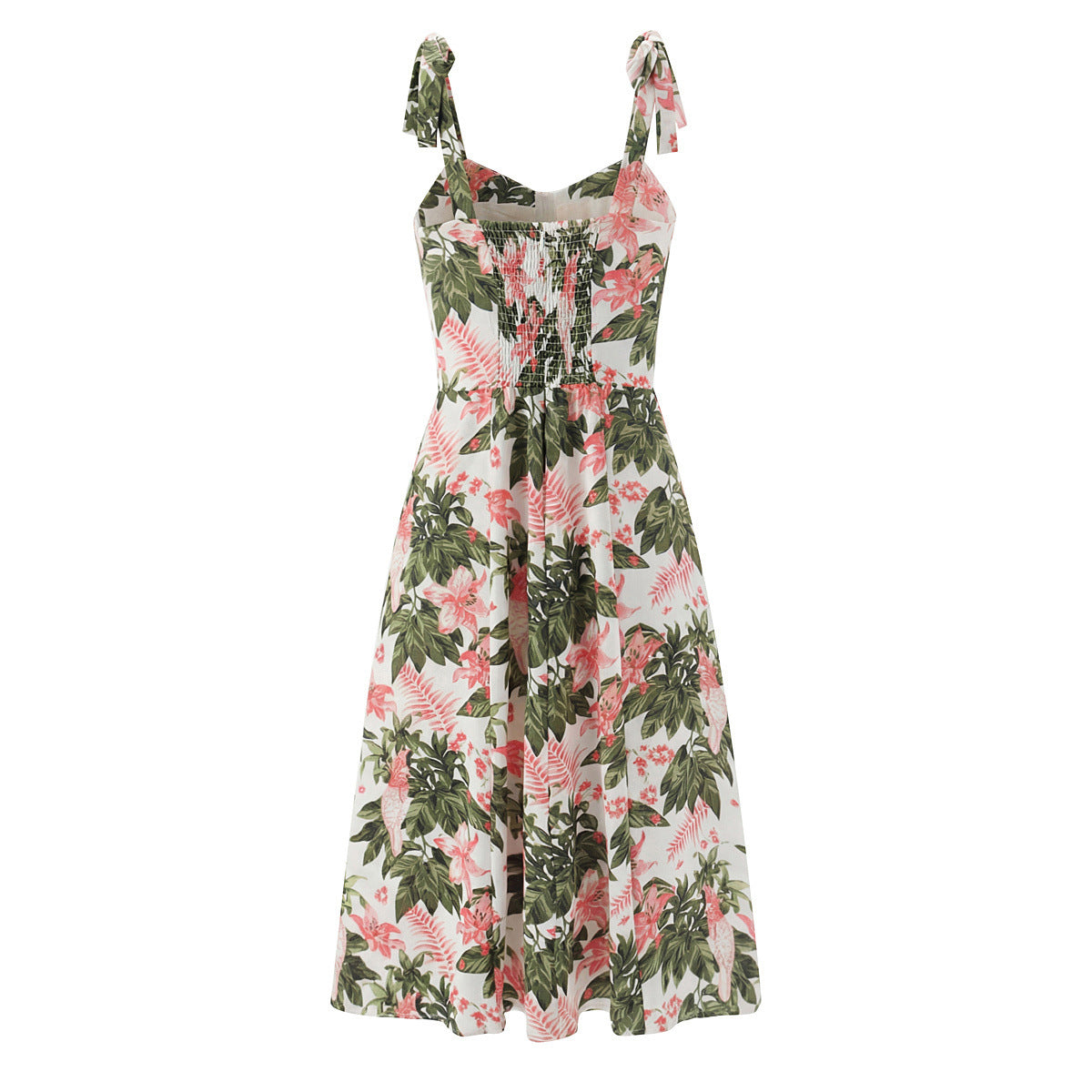 Getailleerde jurk met bloemenprint ceintuur en strikbandjes