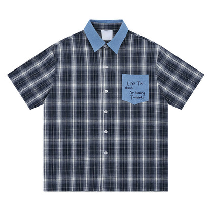 Block Pocket Summer Short Sleeve Shirt Loose Retro Shirt for Couples