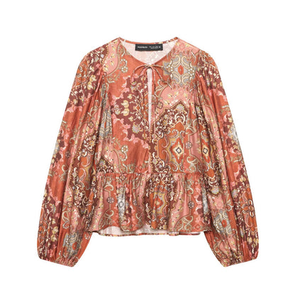 Retro-stijl bedrukte blouse met zoom