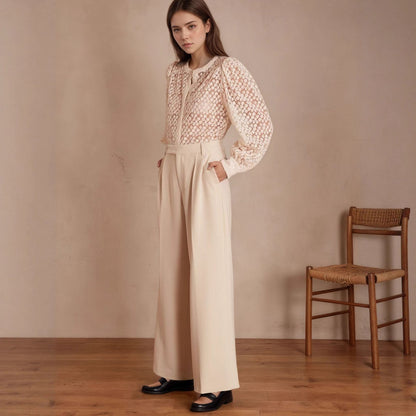 Ladies' flower hollowed out round neck lace top