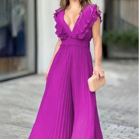 Sexy jumpsuit met V-hals ruches en compressie-effect