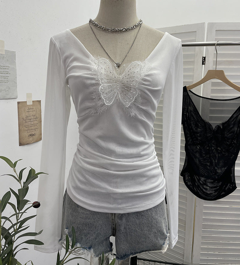 Lace butterfly V-neck top