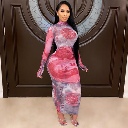 Autumn Winter NewStyle Sexy Mesh Sheer Printed Dollar Pattern Dress