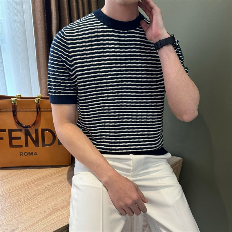 Summer loose casual breathable jacquard striped contrasting top