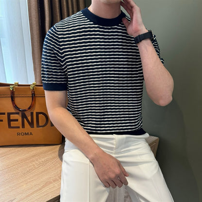 Summer loose casual breathable jacquard striped contrasting top