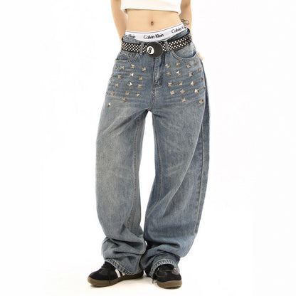 Gekraste denim jeans stoer design met vierkante studs