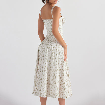Summer Women's Floral Lace-Up Backless High Slit Suspender Dress Summer Dress