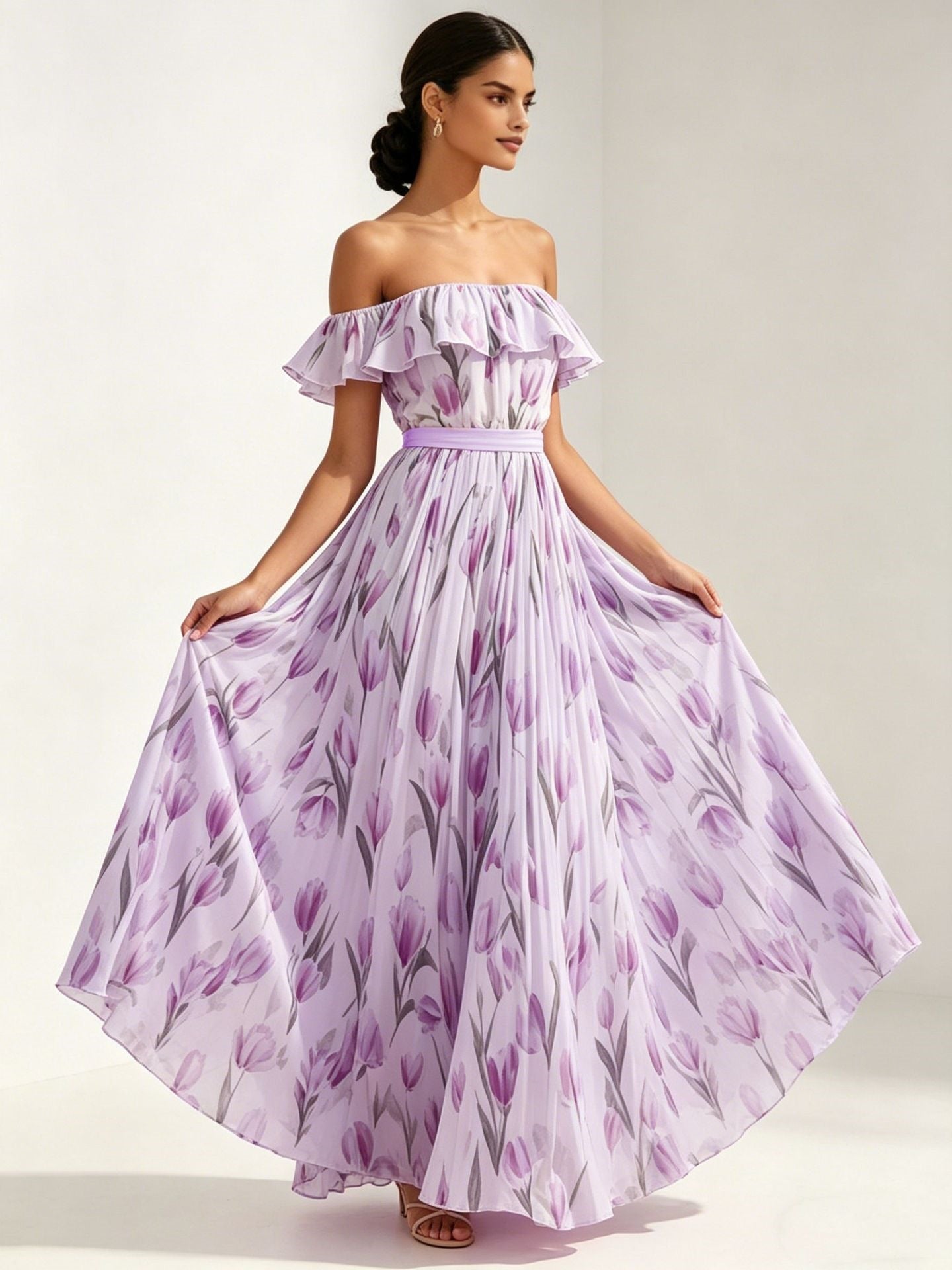Printed long skirt with waist cinching and large swing dress