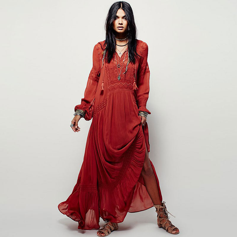 Dames maxi-jurk met lange mouwen van linnen met etnische borduursels hippie/boho stijl
