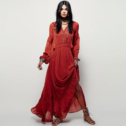 Dames maxi-jurk met lange mouwen van linnen met etnische borduursels hippie/boho stijl