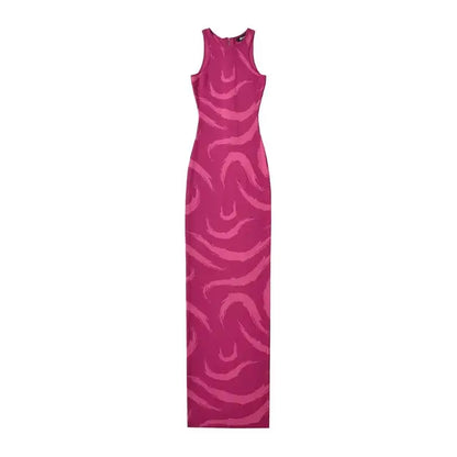 Women Elegant Abstract Maxi Dress Summer Sleeveless Knits Elastic Slim 3 Colors Long Dresses