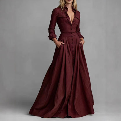 Elegant High-Waisted Maxi Dress with Long Sleeves and Turn-Down Collar Flared Silhouette Casual Women's Dress