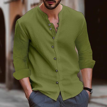 Men's retro cotton and linen casual loose long sleeved shirt