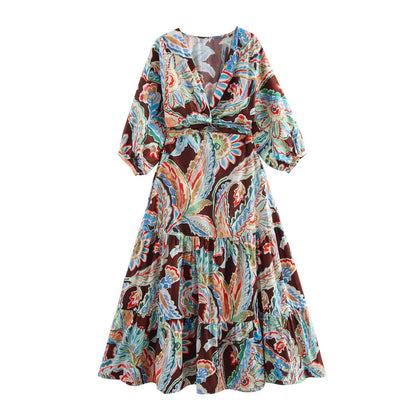 Summer European and American New Fashionable Knot Printed Dress
