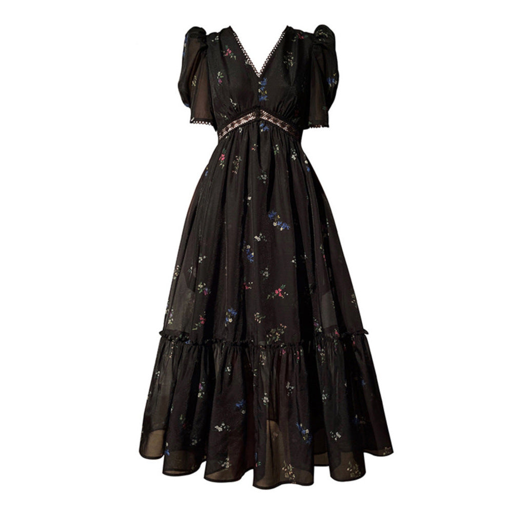 Vintage Printing Lace-up Lantern Sleeve Maxi Dress For Women O-neck Loose Holiday Dresses Summer New Clothing