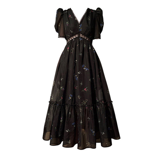 Vintage Printing Lace-up Lantern Sleeve Maxi Dress For Women O-neck Loose Holiday Dresses Summer New Clothing
