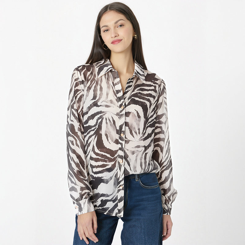 European and American summer new style fashionable lapel long sleeved single breasted versatile printed shirt for women