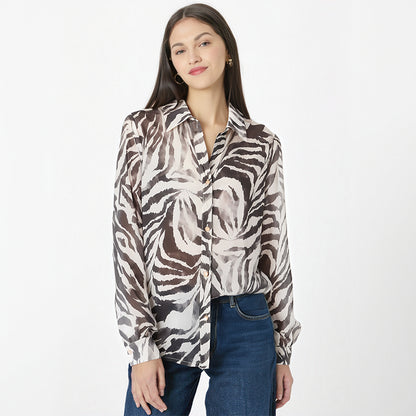 European and American summer new style fashionable lapel long sleeved single breasted versatile printed shirt for women