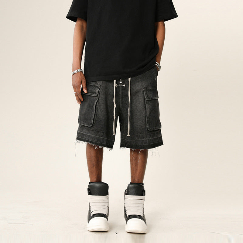 Gradient Washed Distressed Raw Hem Denim Shorts Men High Street Multi-Pocket Wide Leg Five-Panel Pants