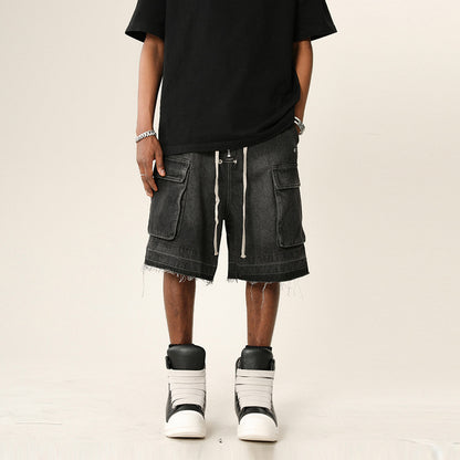 Gradient Washed Distressed Raw Hem Denim Shorts Men High Street Multi-Pocket Wide Leg Five-Panel Pants