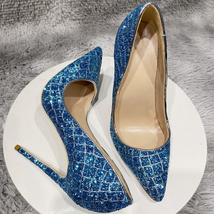 Damespumps met glitter pailletten krokodillenprint spitse neus en 8/10/12 cm hoge hakken