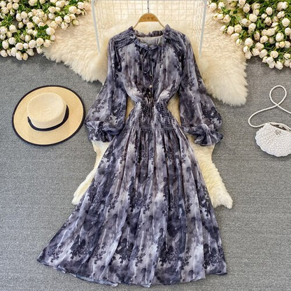 Autumn Women Printed Long Dress Vintage Ruffle Stand Collar Puff Sleeve High Waist Elegant Maxi Robe Female Big Swing Dress