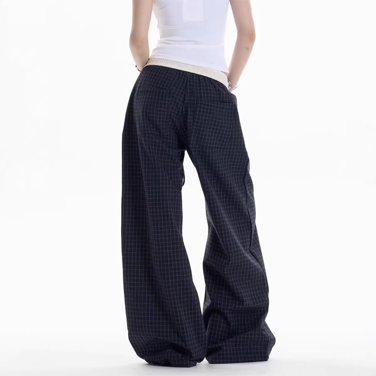 Navy Blue Checkered Casual Wide-Leg Pants
