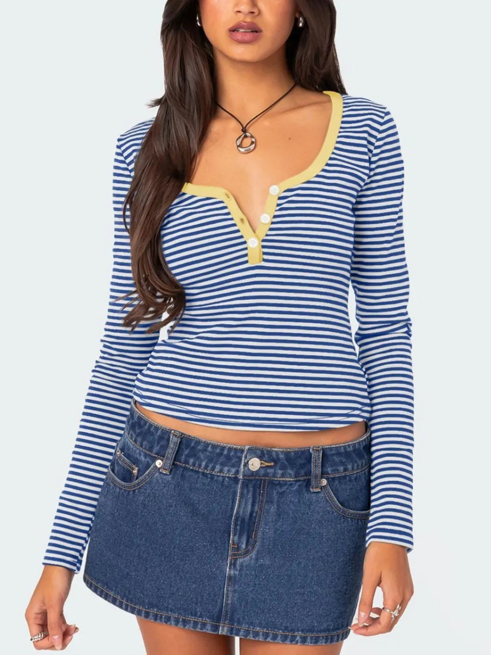 Color blocking striped knitted sweater women's summer top button slim fit shoulder t-shirt