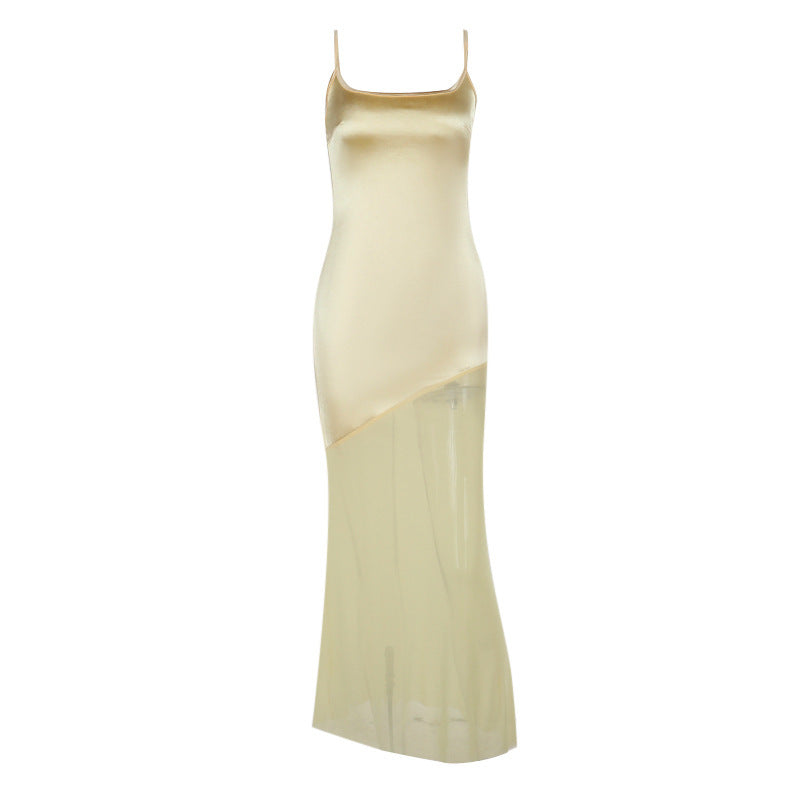 Sexy feestelijke satijnen maxi-jurk met patchwork mesh camisole rok
