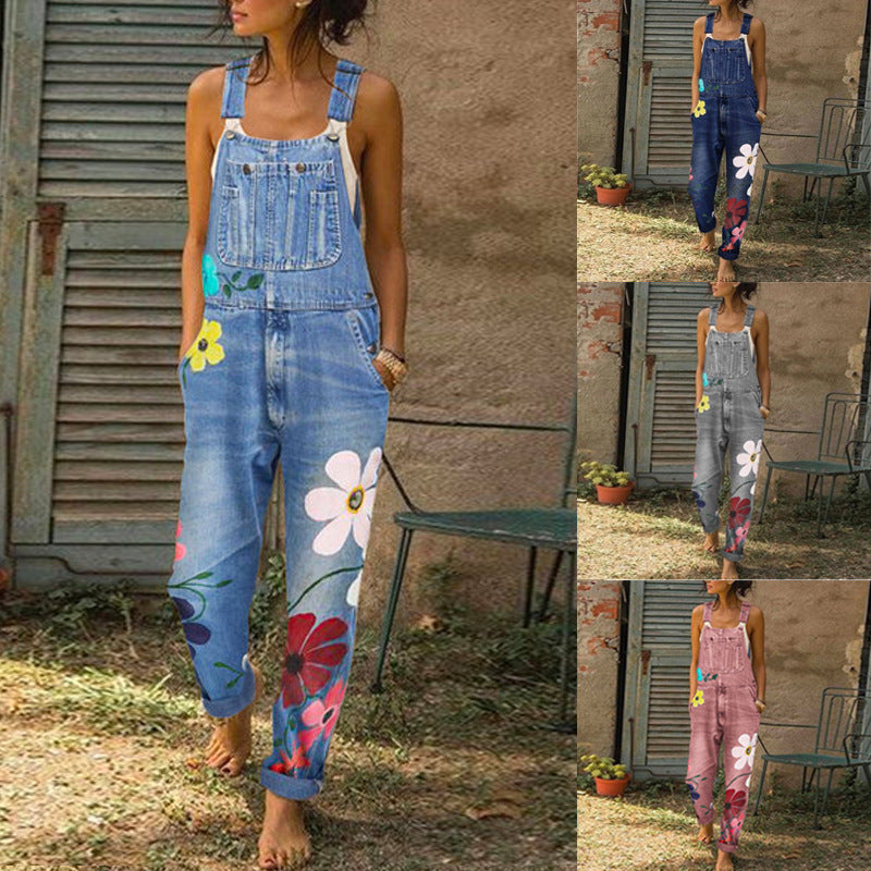 Printed jeans with non elastic straps and long pants straight tube