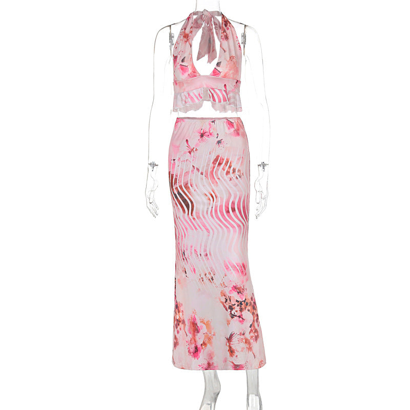 Hanging neck print sexy vacation casual set