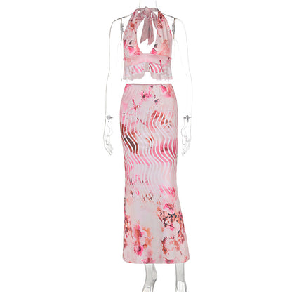 Hanging neck print sexy vacation casual set