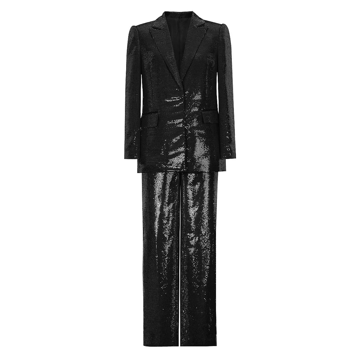 Women Pant Suits  Autumn Elegant Shiny Sequins Blazer Jacket Loose Long Wide Leg Pants Two Pieces Sets New Arrival