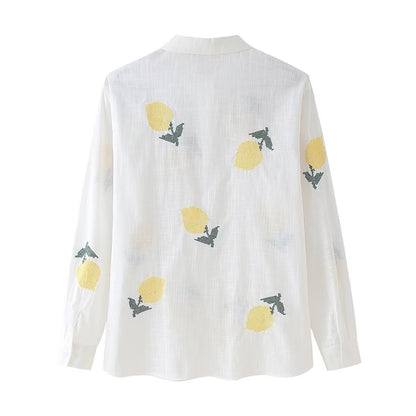 European and American summer new fashionable collar long sleeved cotton linen single breasted white shirt top for women