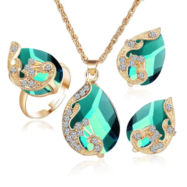 Crystal Peacock Jewelry Sets Necklace Earring Ring