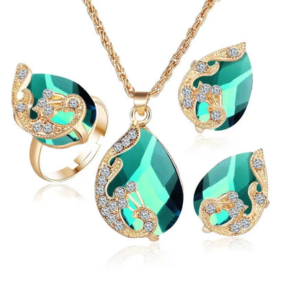 Crystal Peacock Jewelry Sets Necklace Earring Ring
