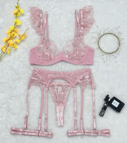 Sexy Lingerie Set with Heavy Embroidery and Sheer Mesh Underwire Bra