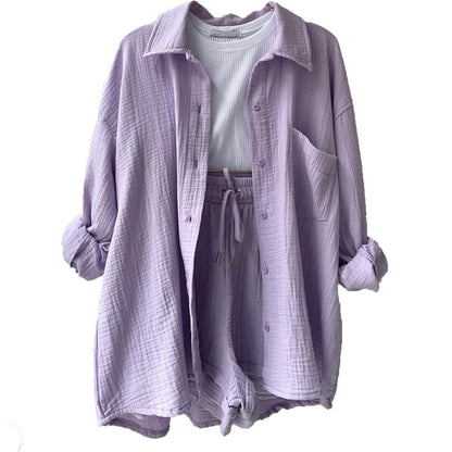 Women's wrinkled lapel long-sleeved shirt high-waisted drawstring shorts fashionable casual Casual two-piece set