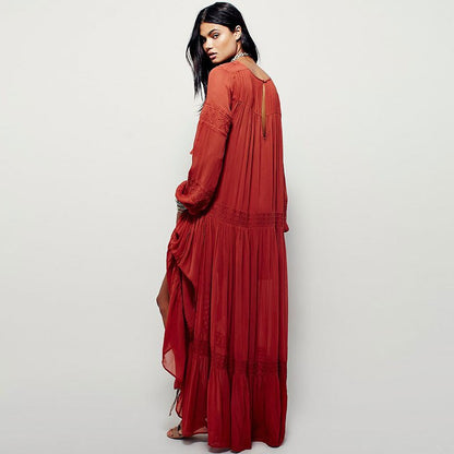 Dames maxi-jurk met lange mouwen van linnen met etnische borduursels hippie/boho stijl