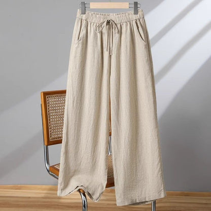Katoen-linnen broek met wijde pijpen en hoge taille voor dames