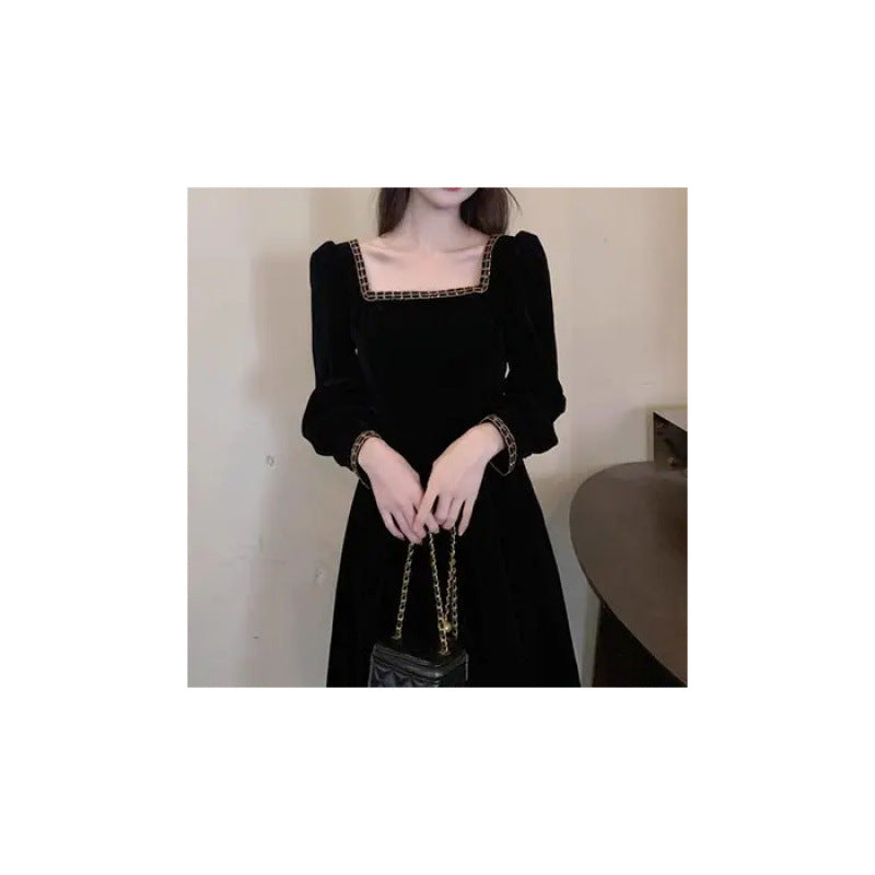 Style Hepburn Look Square Neck Velvet Dress for Women Plus Size, Slimming, Tummy Concealing