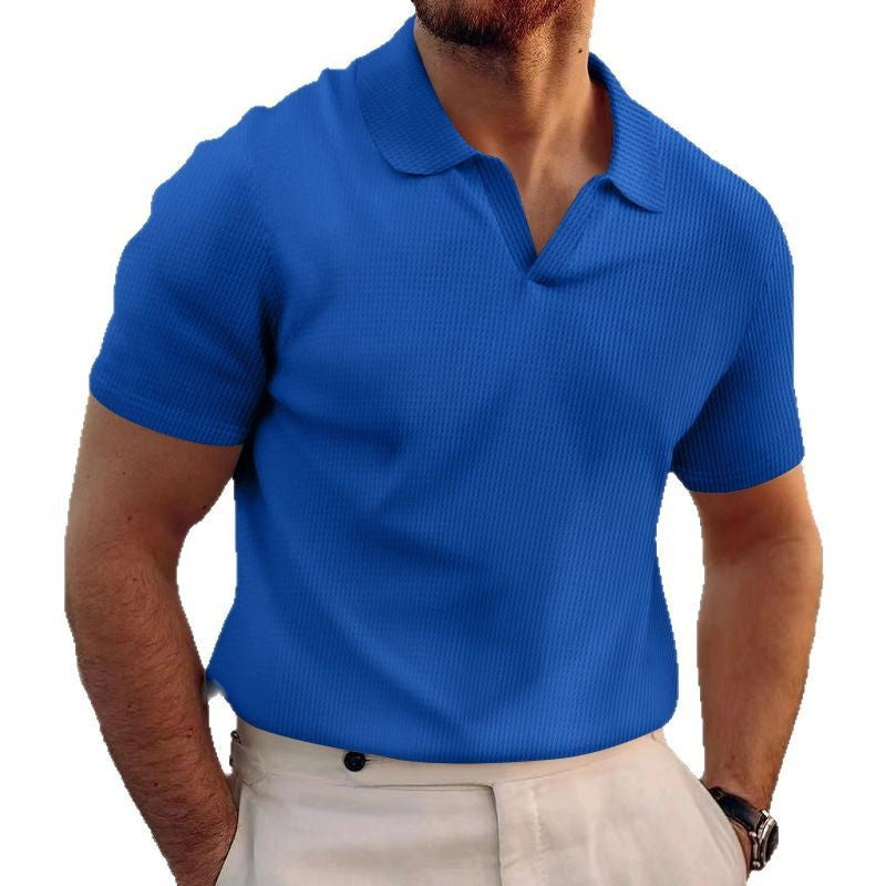 Heren zomer poloshirt met V-hals revers korte mouwen en zware wafelstructuur