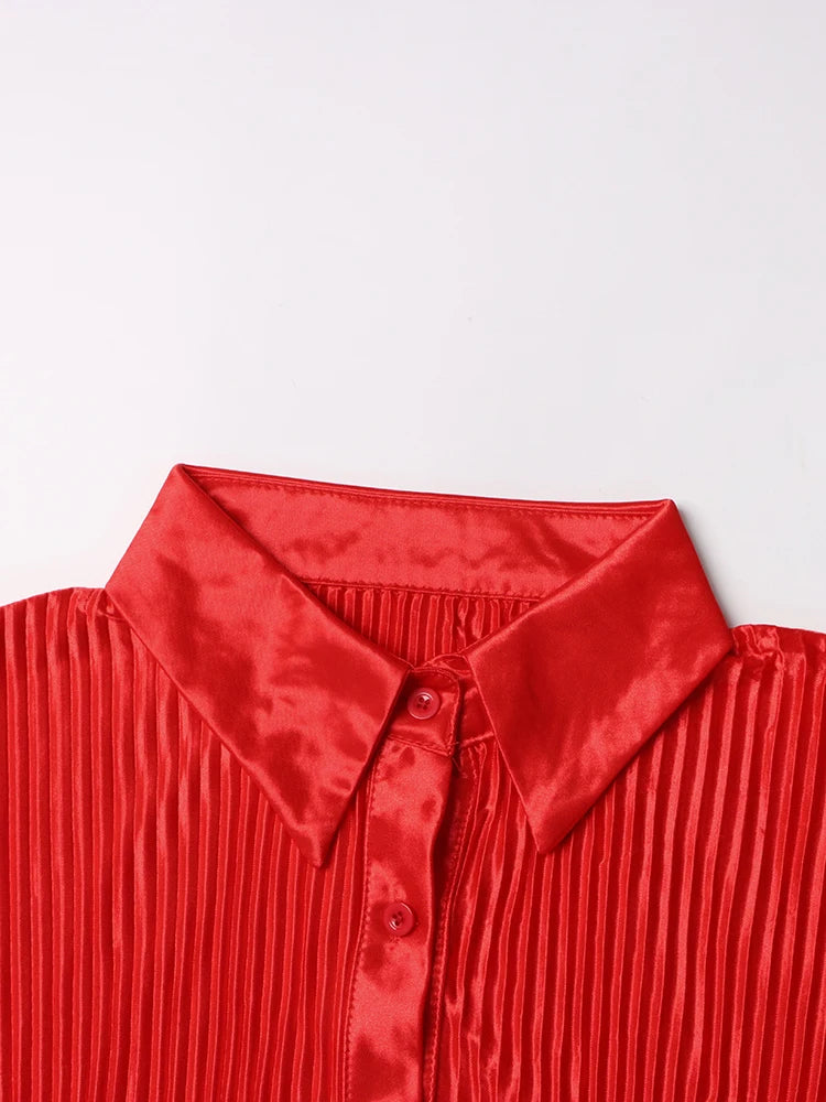 Casual geplooide tweedelige set voor dames: overhemd met revers lange mouwen en broek met rechte pijpen